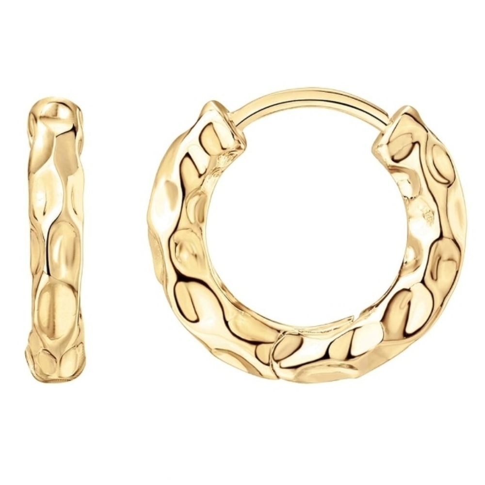 14K Gold Plated Huggie Hoop Sterling Silver Post Hammered Earrings
